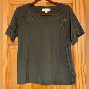 Michael Kors Blouse Size M Green Top Short Bell Sleeve Round Neck gold detail